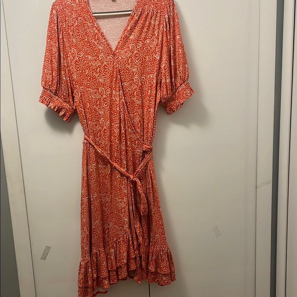 Boden White and Orange Ruffled Wrap Midi Dress